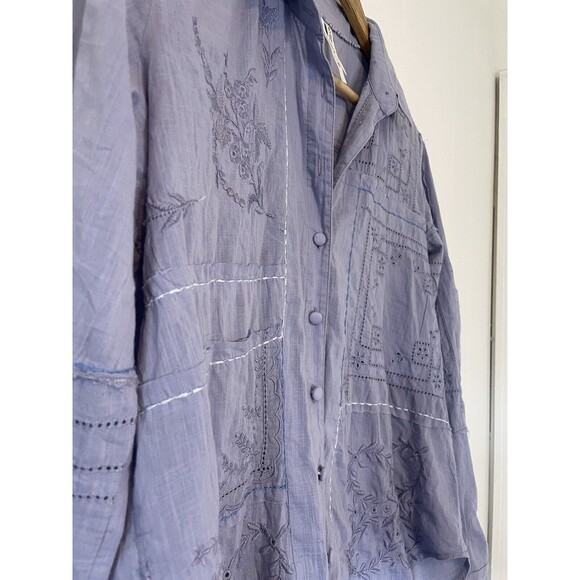 Anthropologie Button Down Embroidered Floral Shirt Top XXS Western Boho Blue - Picture 6 of 14